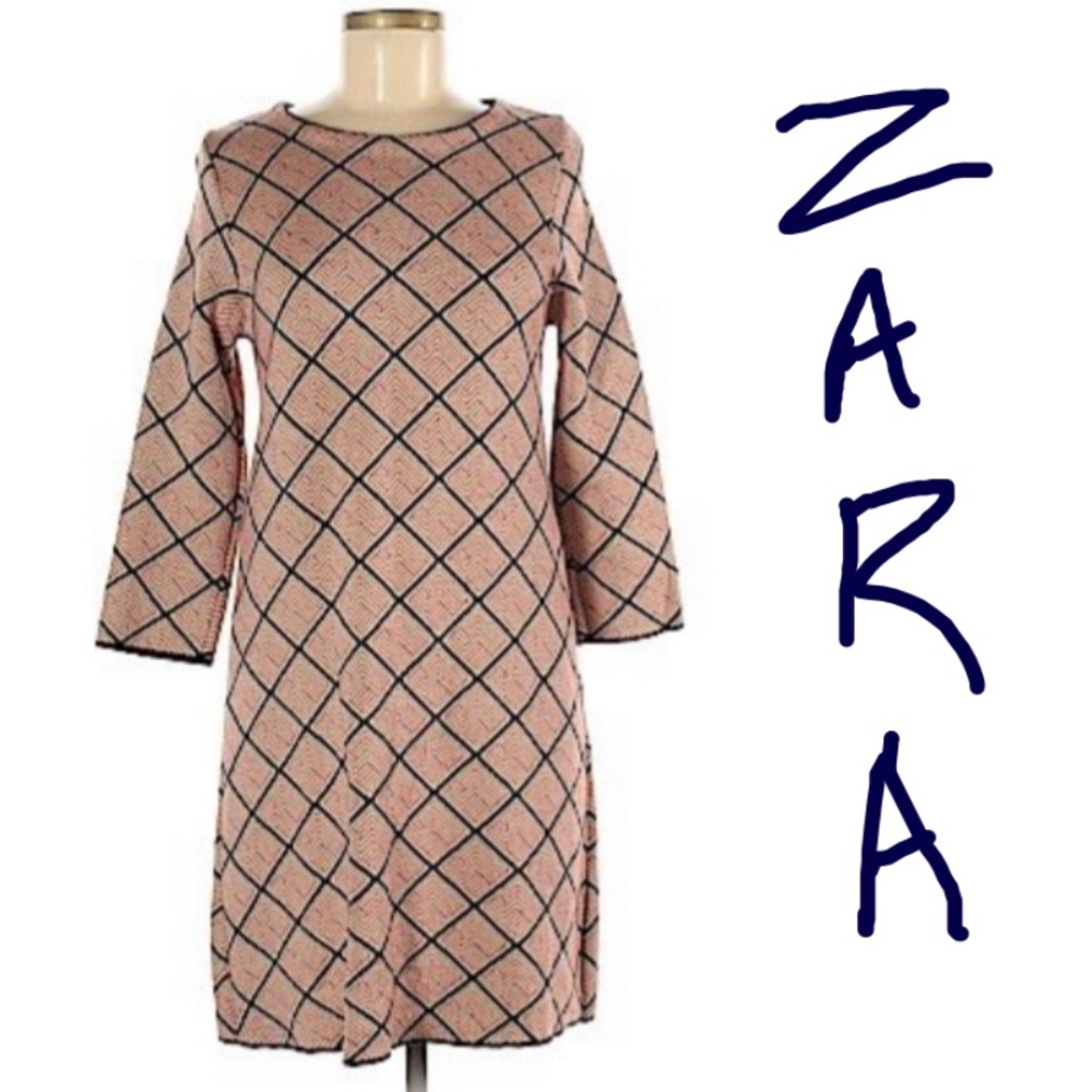 Zara Knit Mod Mini Shift Sweater Dress, geometric print of crisscross pl…